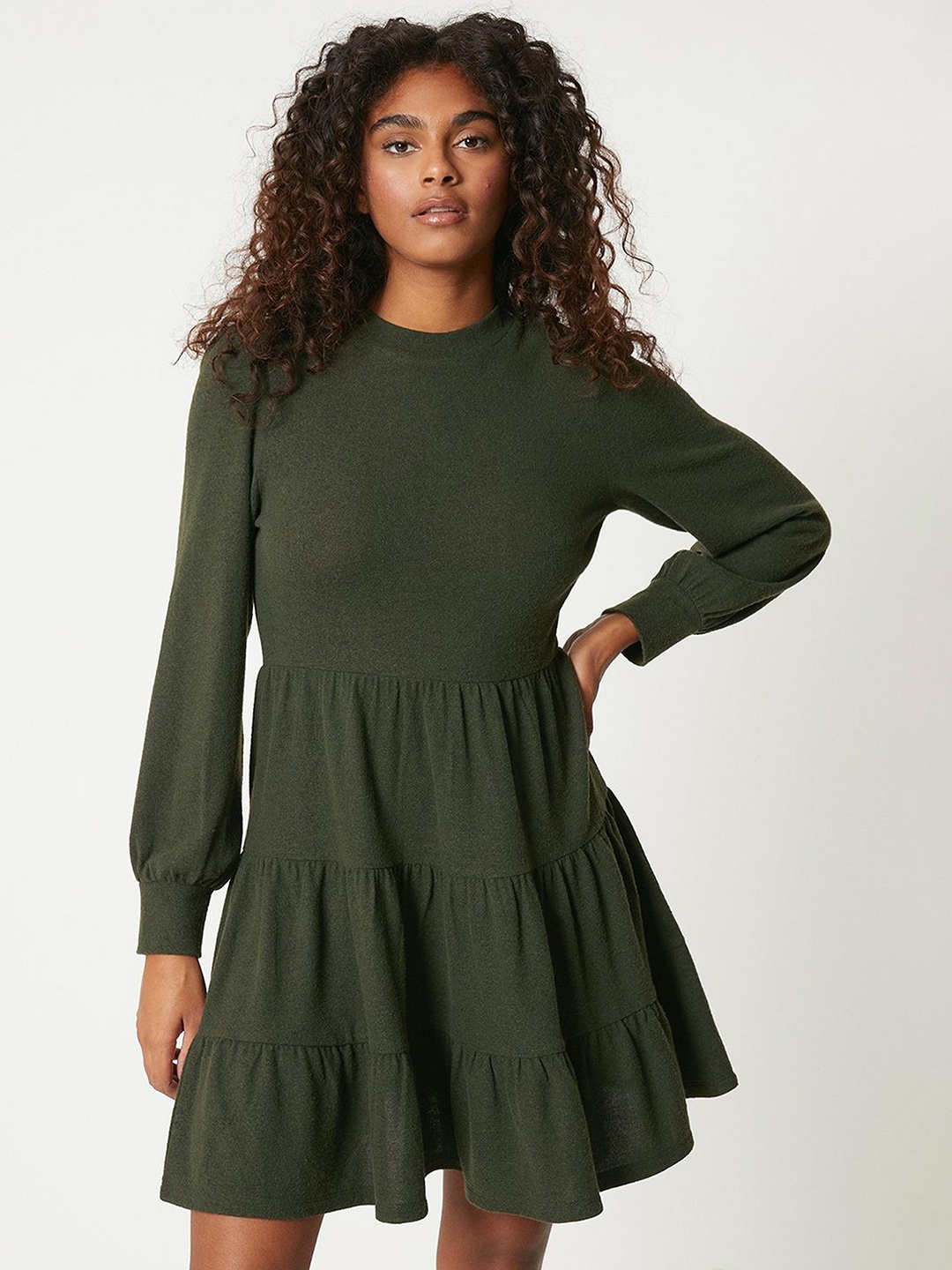 

DOROTHY PERKINS Brushed Fleece Tiered A-Line Dress, Olive