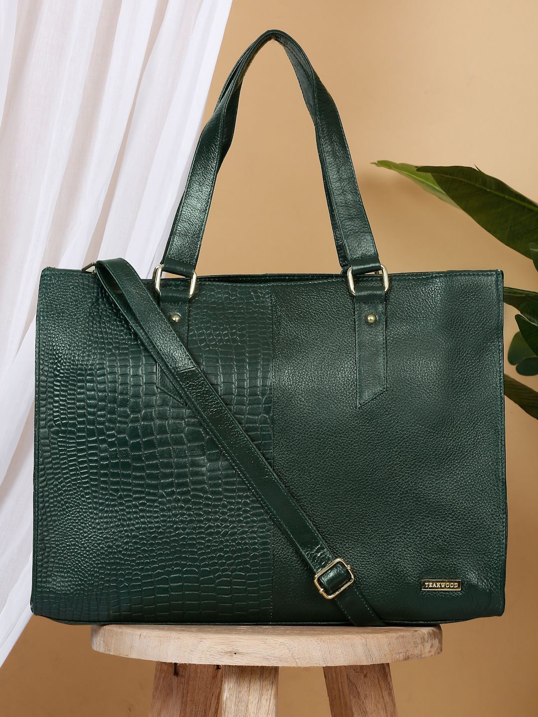 

Teakwood Leathers Textured Leather Structured Tote Bag, Green