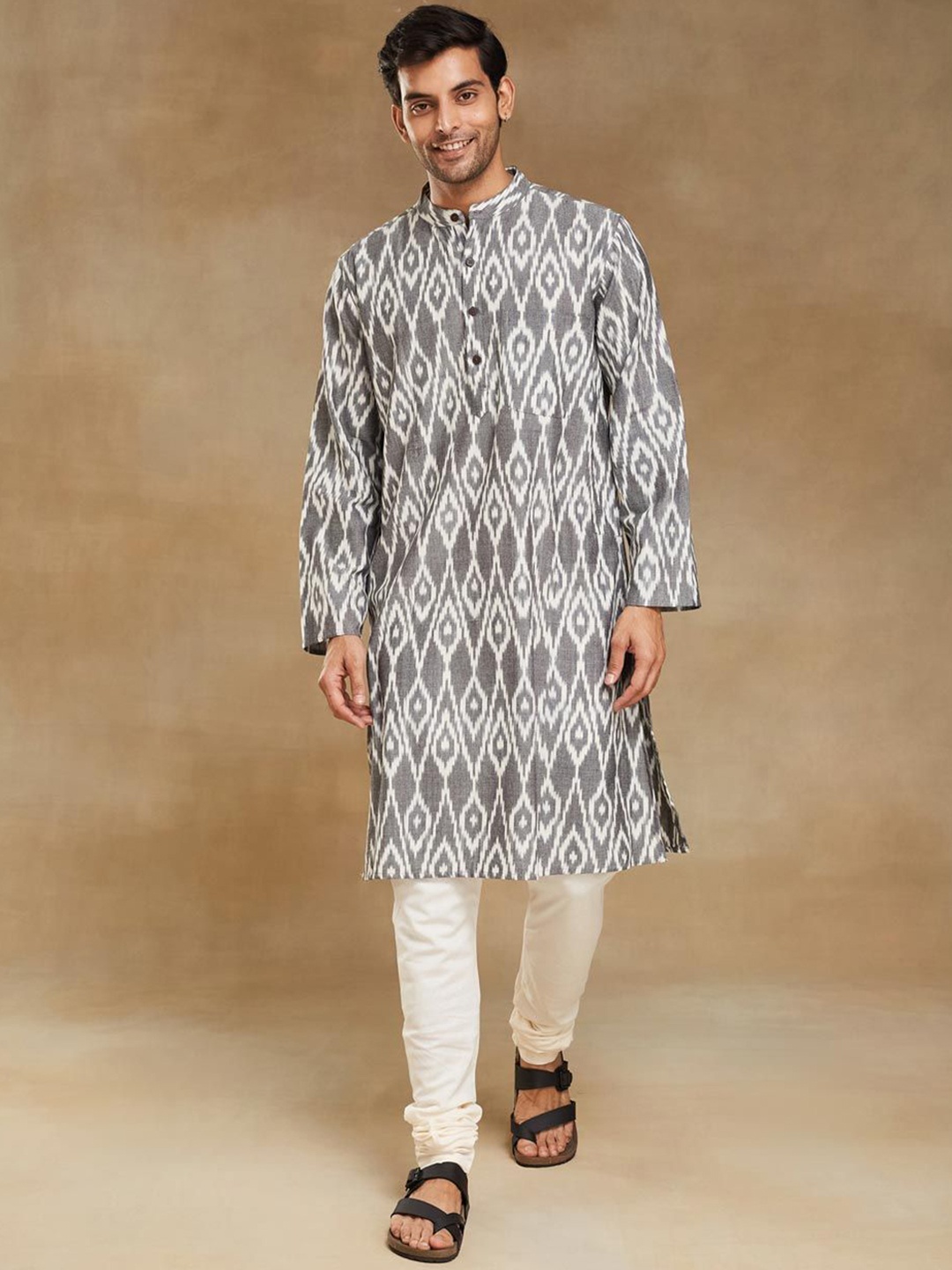 

Fabindia Ethnic Motifs Printed Band Collar Cotton Kurta, Grey