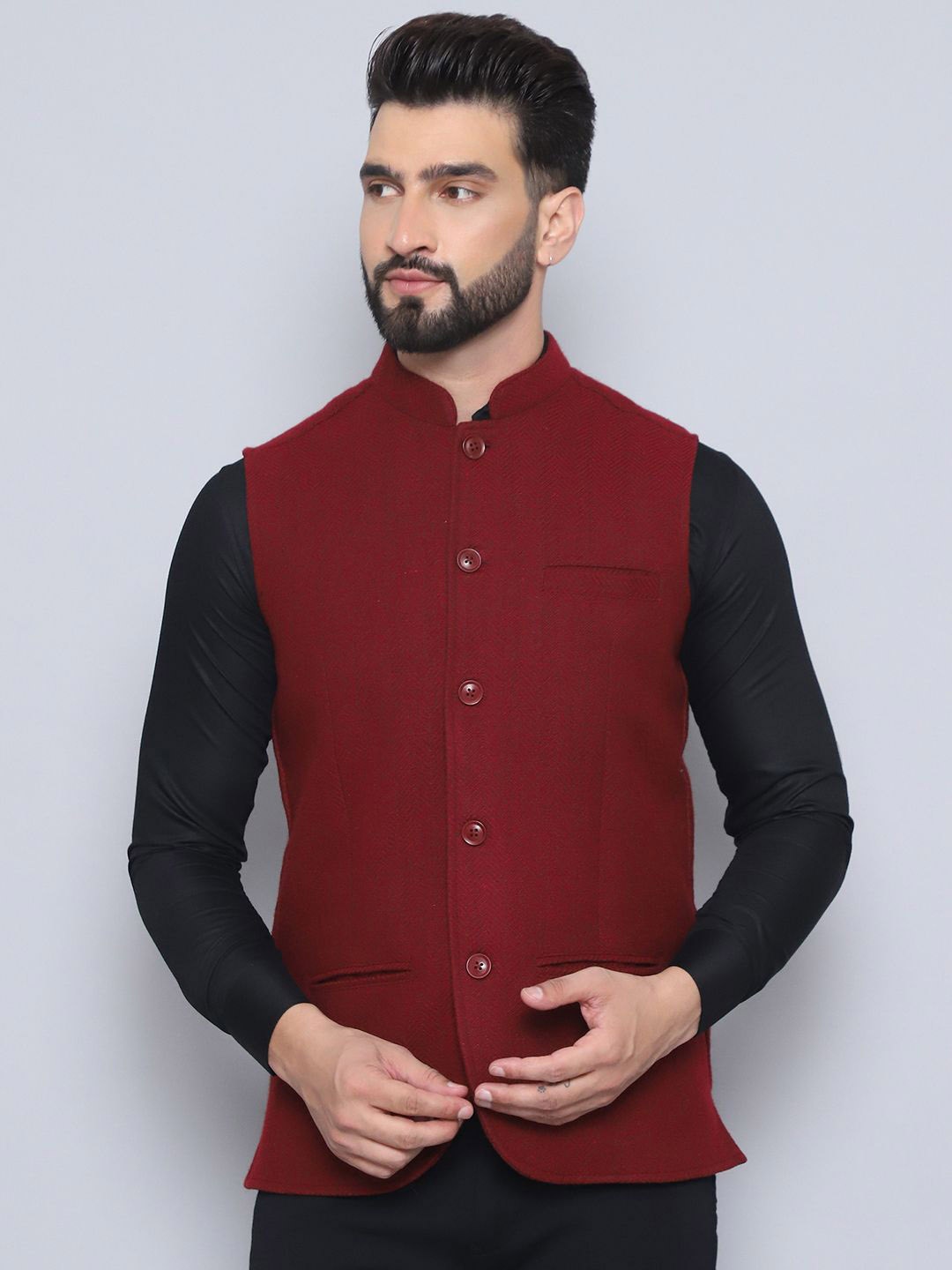 

even Woven Design Nehru Jacket, Maroon