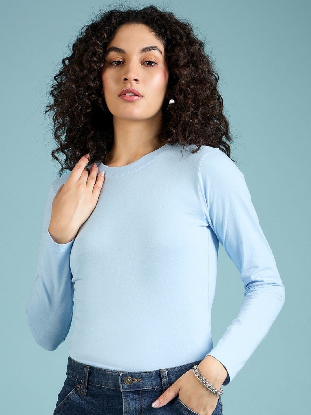

DressBerry Women Solid Round Neck Cotton T-Shirt, Blue