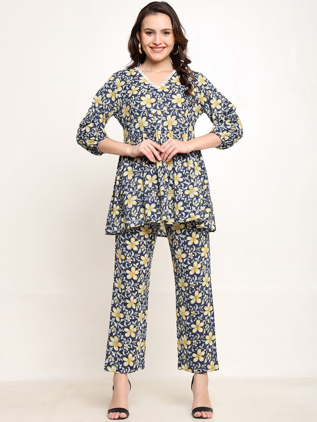 

CORDSET Printed Pure Cotton Tunic With Trouser, Navy blue