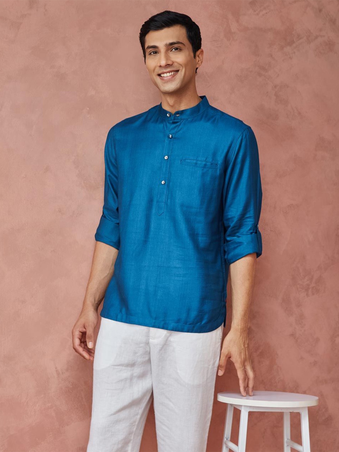 

Fabindia Men Band Collar Solid Slim Fit Casual Shirt, Blue