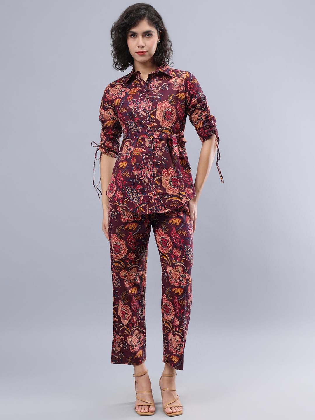 

CORDSET Printed Pure Cotton Shirt & Trousers, Maroon