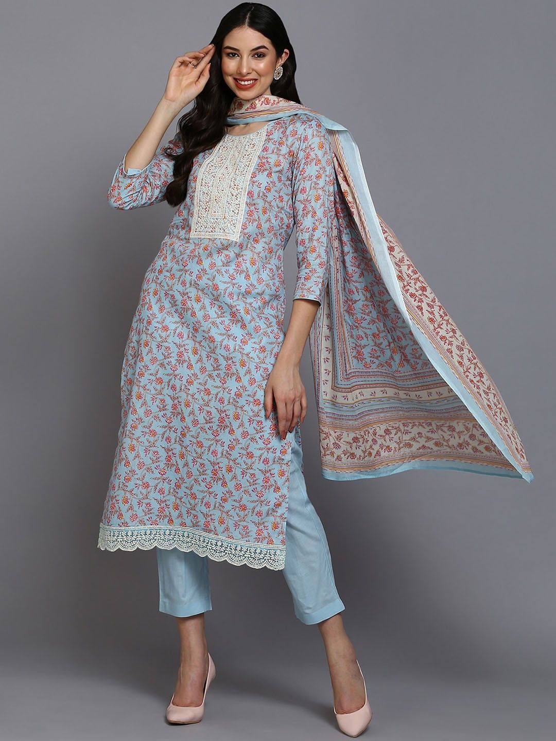 

KALINI Floral Embroidered Thread Work Kurta with Trousers & Dupatta, Blue