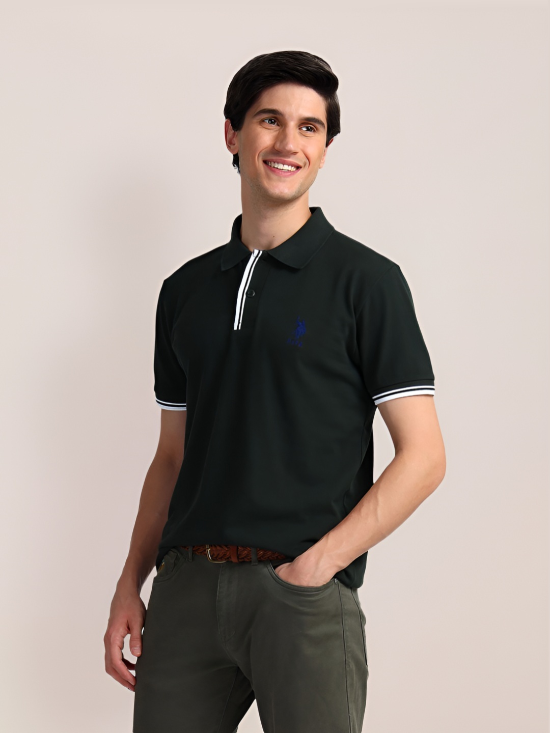 

U.S. Polo Assn. Men Solid Polo Collar Cotton Slim Fit T-Shirt, Green