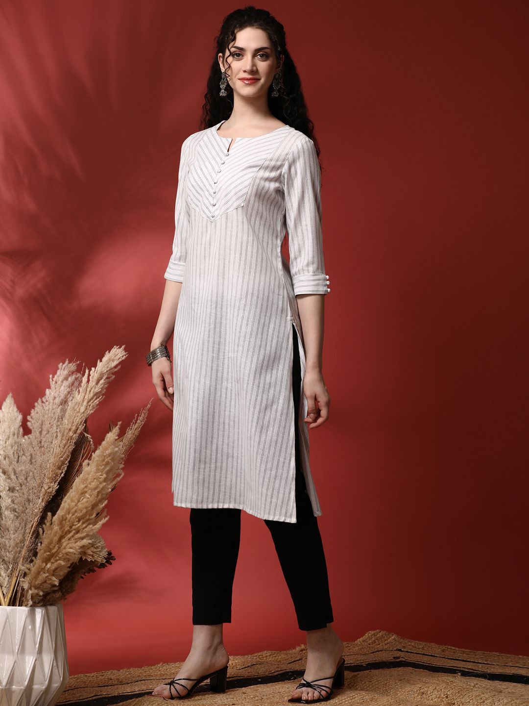 

Anouk Striped Notch Neck Pure Cotton Straight Kurta, White