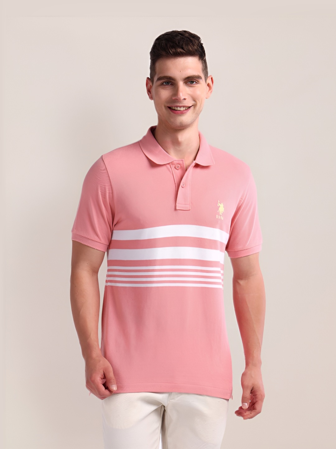 

U.S. Polo Assn. Men Striped Polo Collar Cotton Slim Fit T-Shirt, Pink