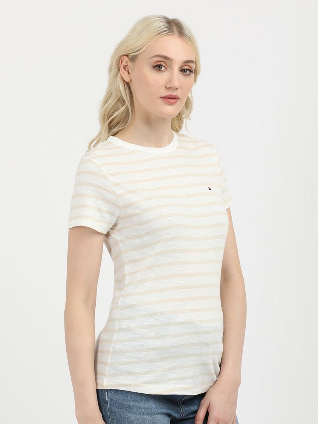 

Tommy Hilfiger Women Striped Round Neck Cotton Slim Fit T-Shirt, White