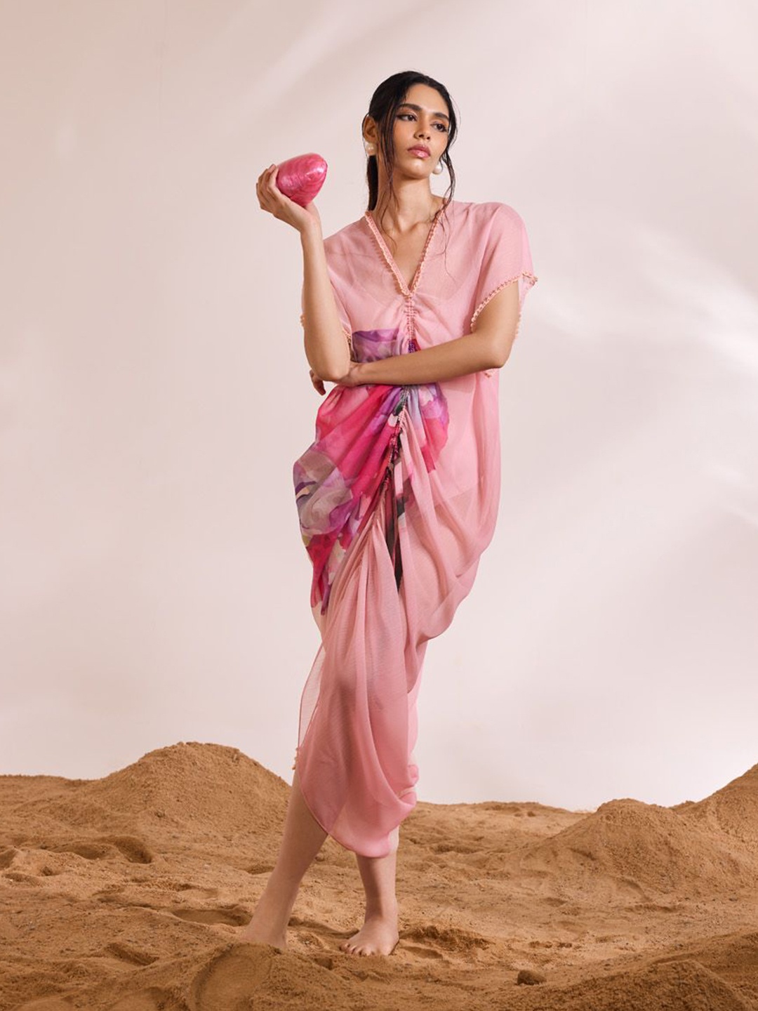 

DIVYA AGGARWAL Floral Print Chiffon Kaftan with Slip Dress, Pink