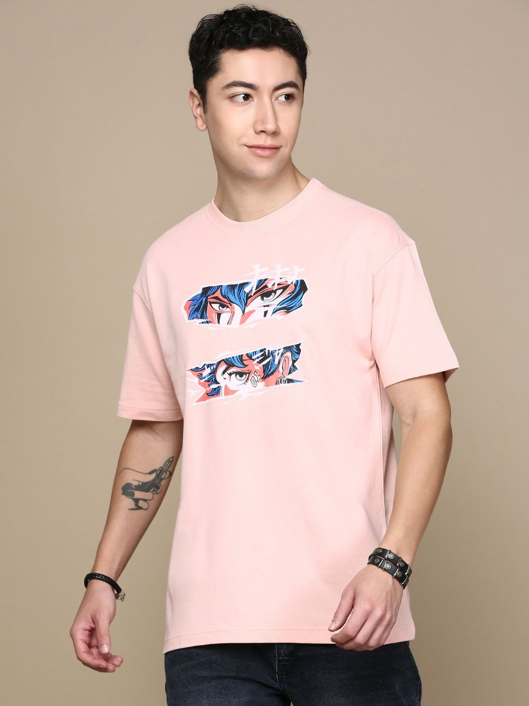 

Chennis Men Graphic Printed Round Neck Cotton T-Shirt, Pink