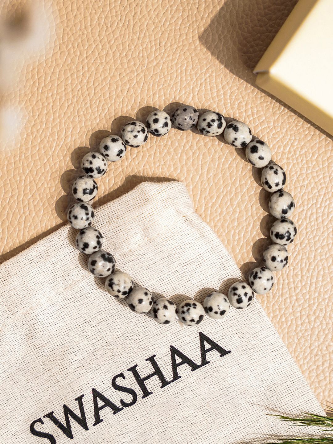 

SWASHAA Men Dalmatian Jasper Agate Elasticated Bracelet, Beige