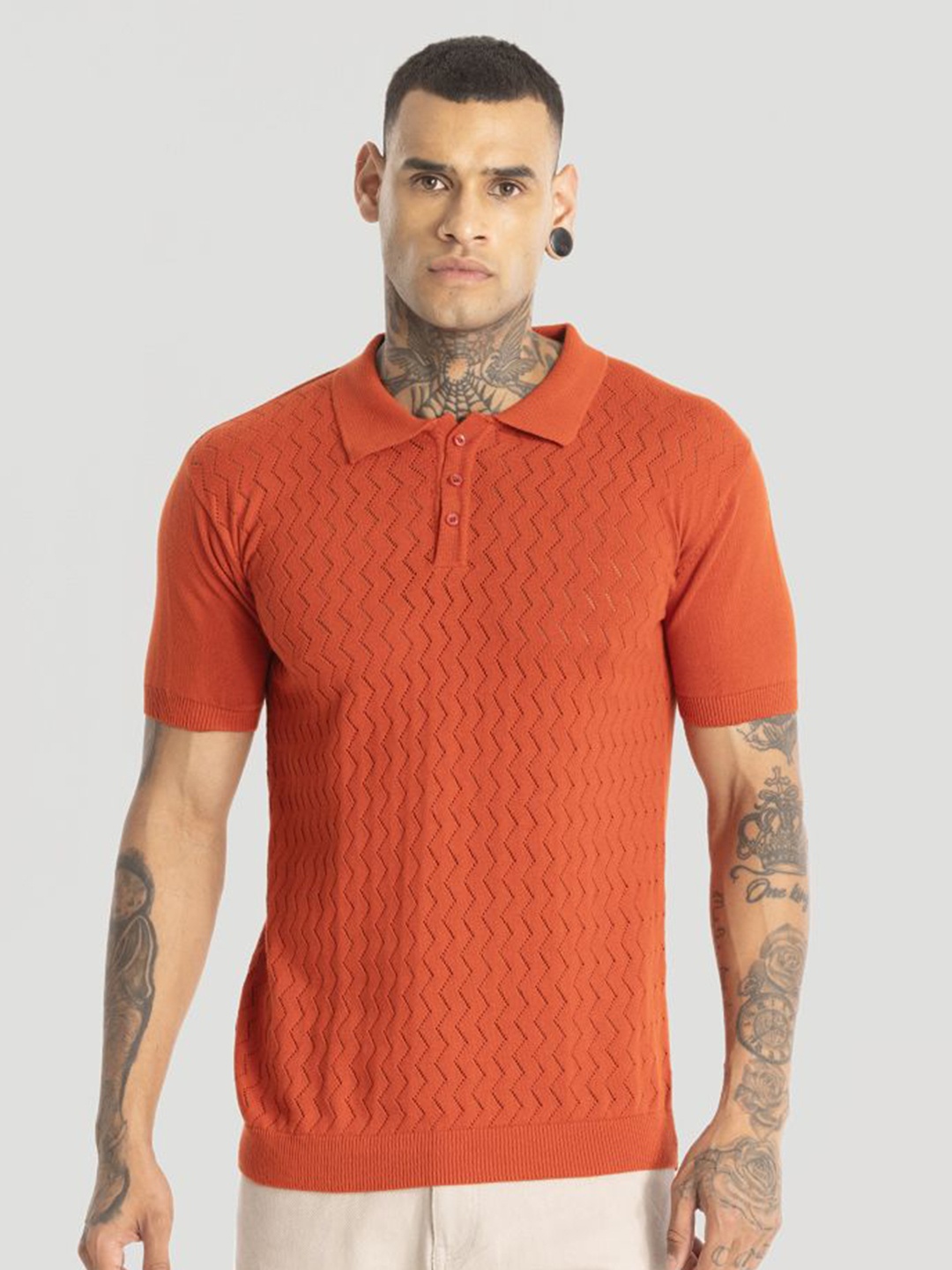 

Snitch Men Self Design Polo Collar Cotton Slim Fit T-Shirt, Orange