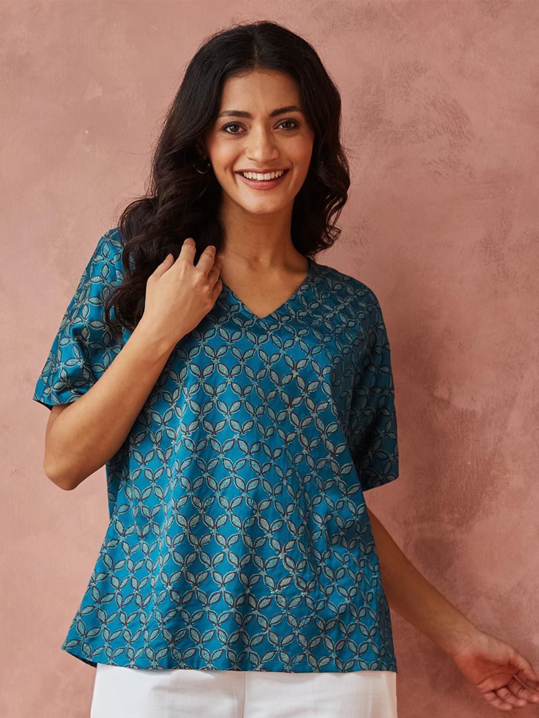 

Fabindia Print Top, Turquoise blue