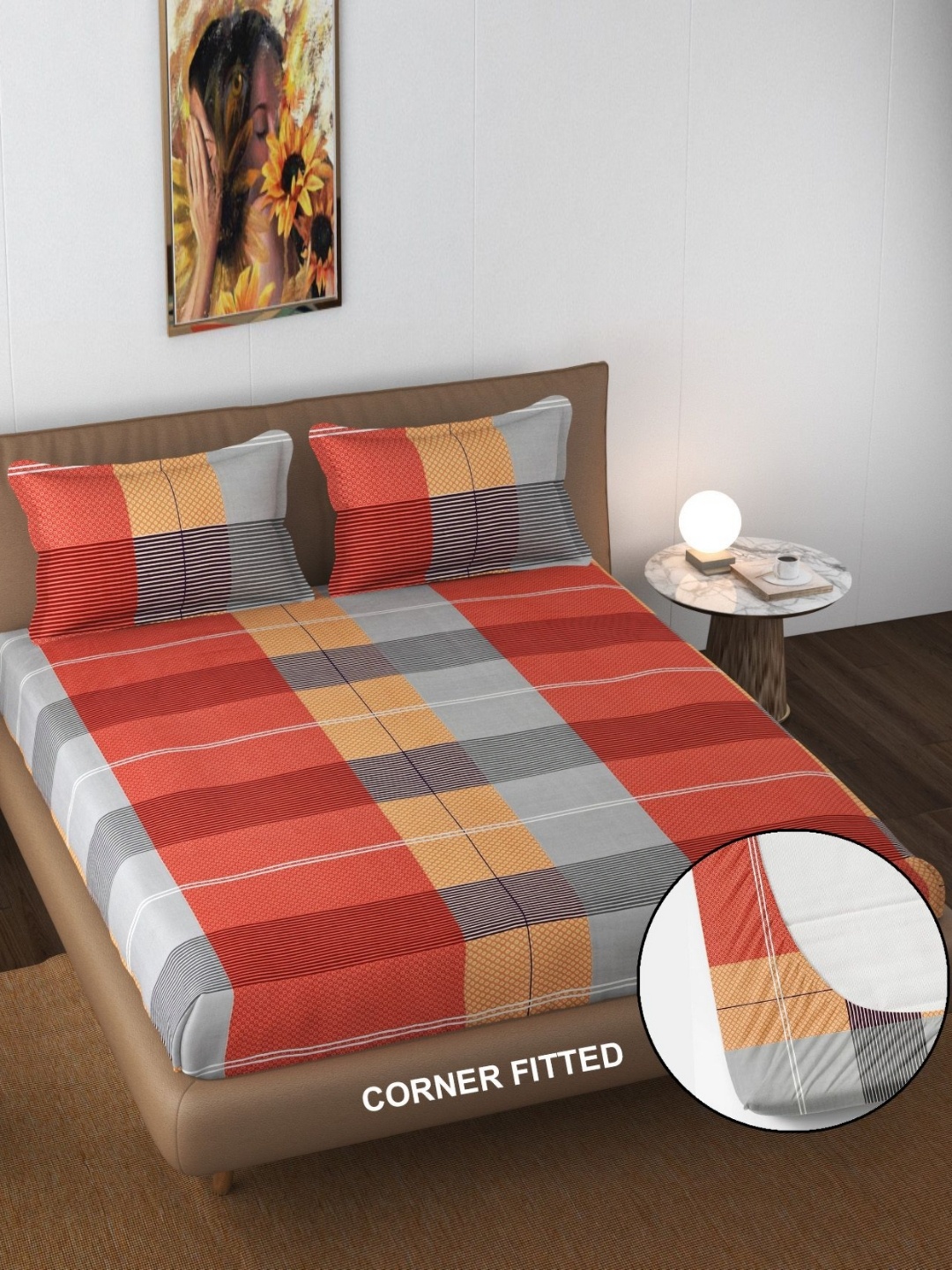 

FINE TEX WORLD Orange-Coloured & Grey Checked 180TC King Fitted Bedsheet & 2 Pillow Covers