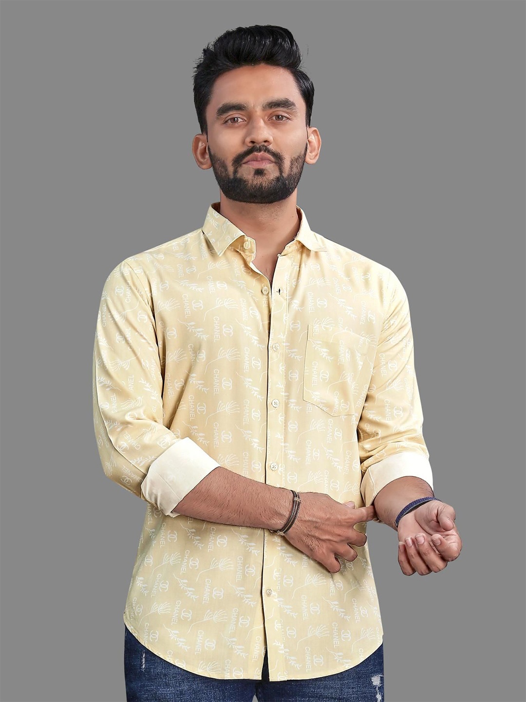 

ADWYN PETER Men Classic Spread Collar Abstract Printed Cotton Casual Shirt, Yellow