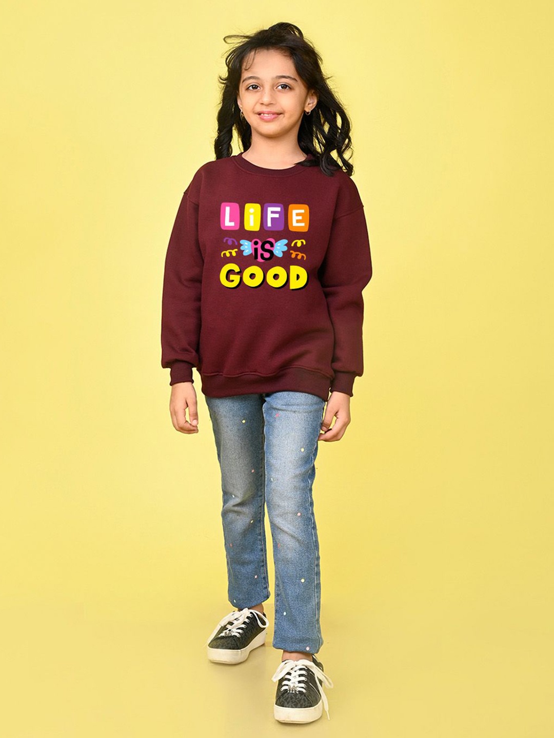 

NUSYL Girls Typography Printed Oversized Sweatshirt, Maroon