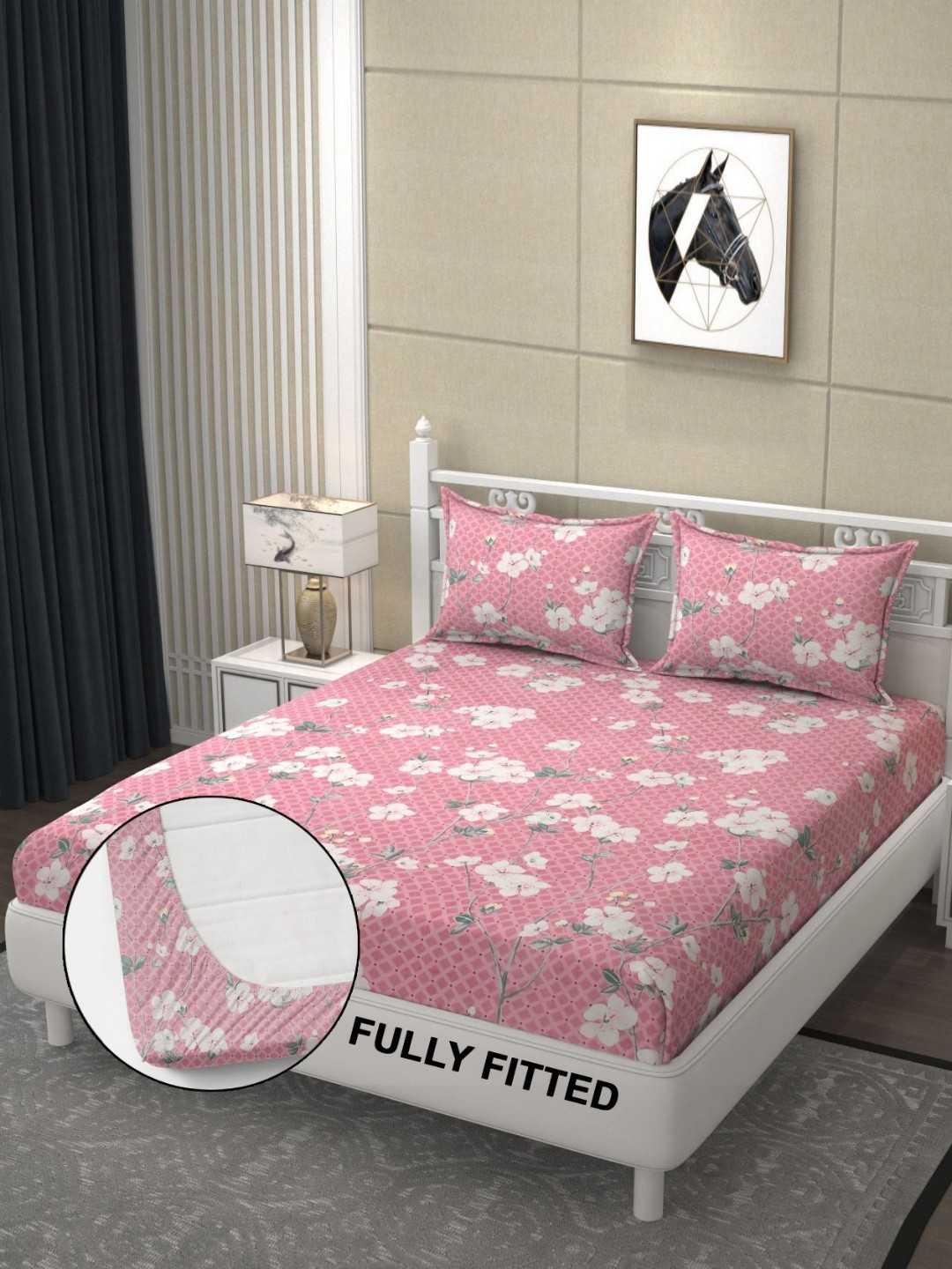 

FINE TEX WORLD Pink & White Floral 180 TC Fitted King Bedsheet With 2 Pillow Covers