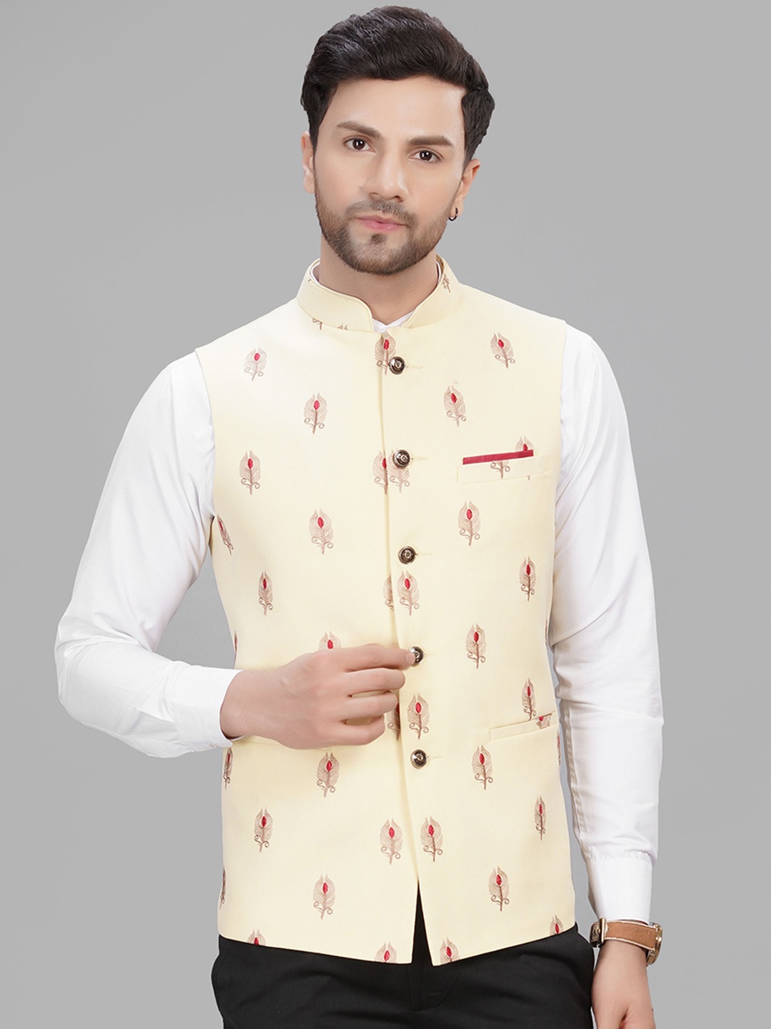 

LA'SCOOT Floral Printed Stand Collar Nehru Jacket, Yellow