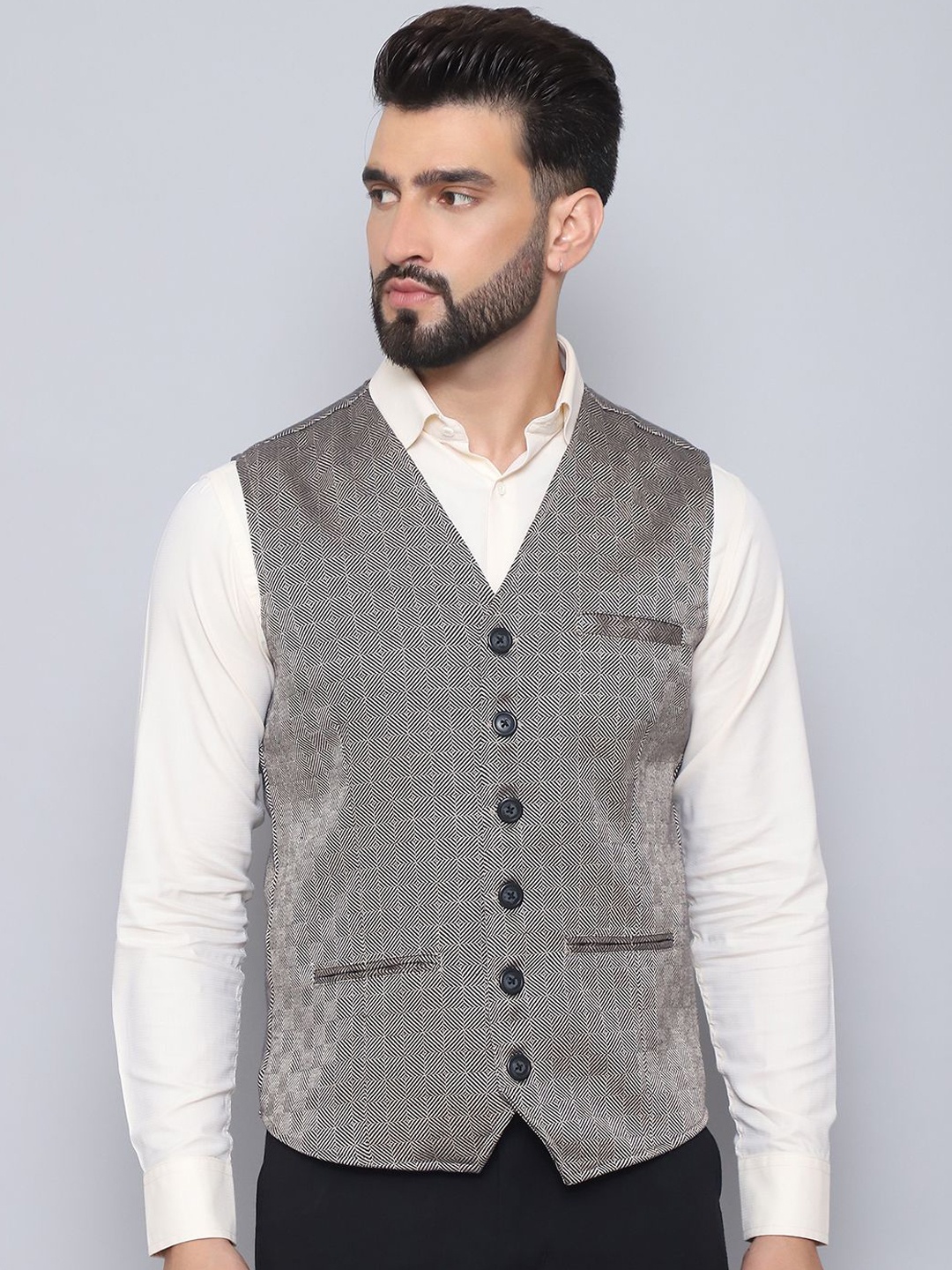 

EVEN LEISURE APPARELS Woven Design V Neck Waist Coat, Grey