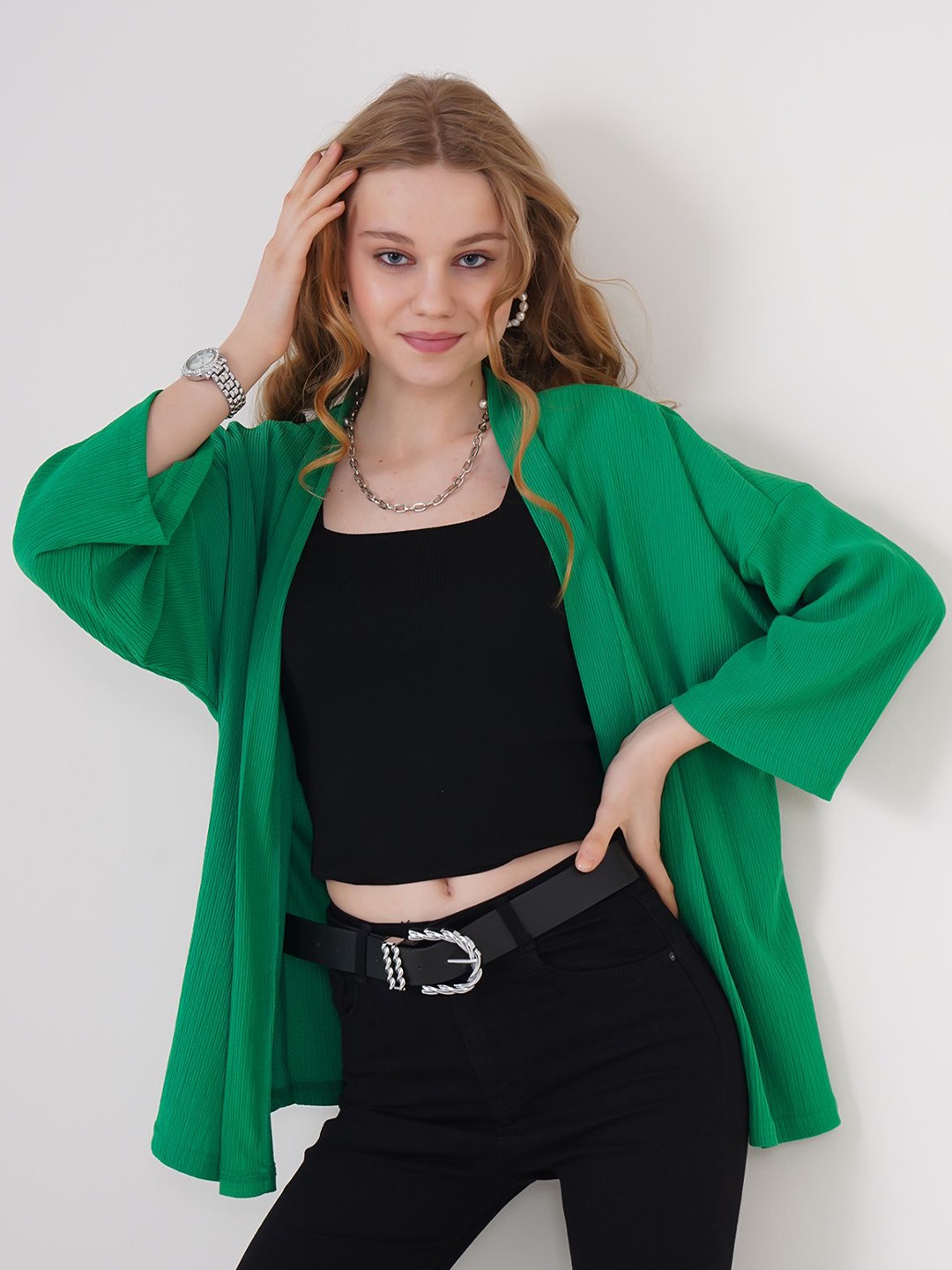 

BIGDART Mandarin Collar Open Front Shrug, Green