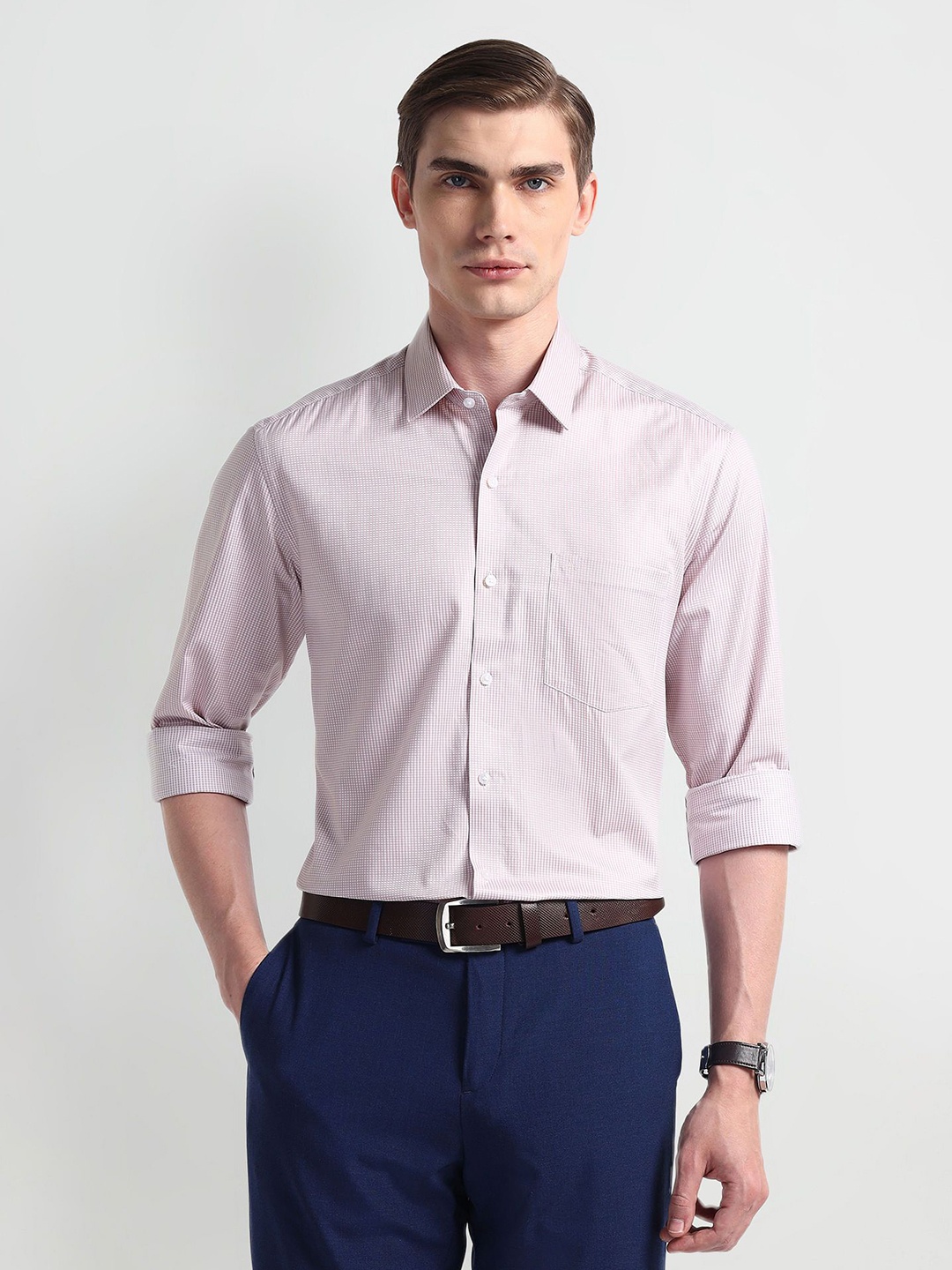 

Arrow Men Comfort Cutaway Collar Micro Checked Cotton Slim Fit Formal Shirt, Pink