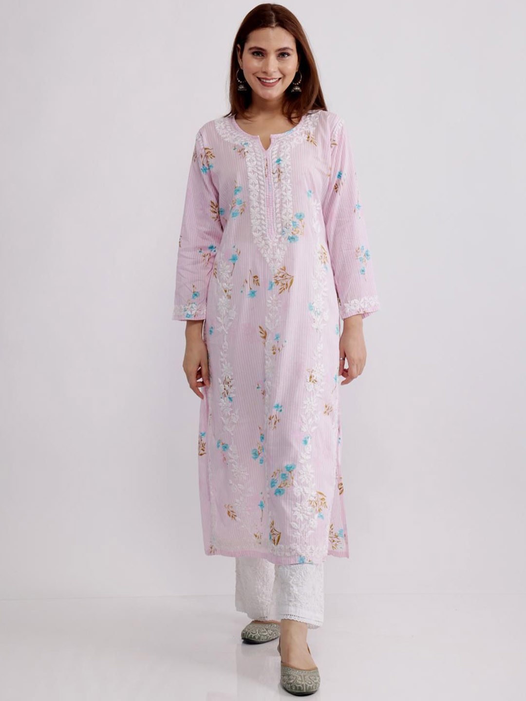 

Hastya Kala Floral Embroidered Chikankari Straight Kurta, Pink