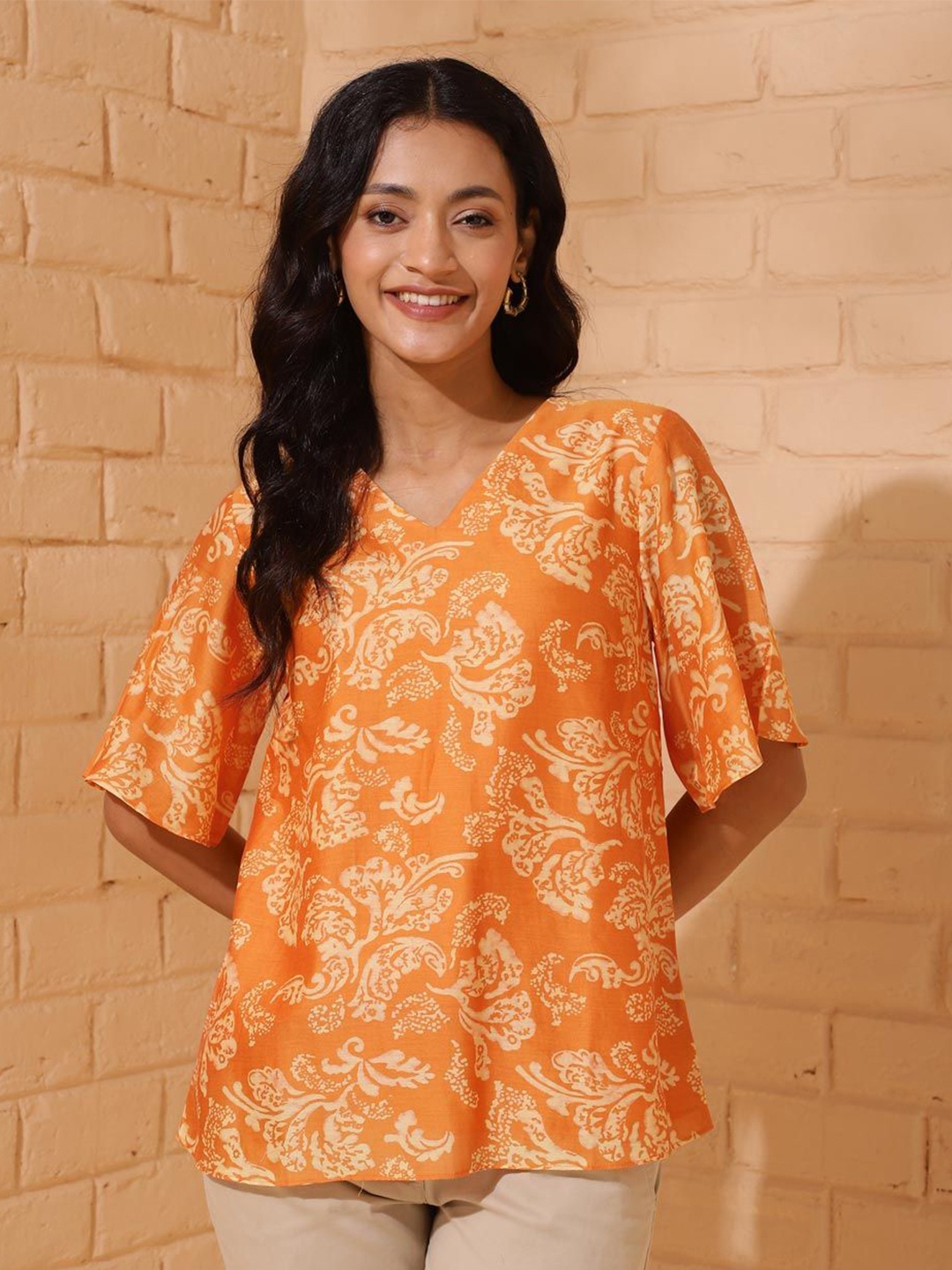 

Fabindia Print Flared Sleeve Cotton Top, Orange