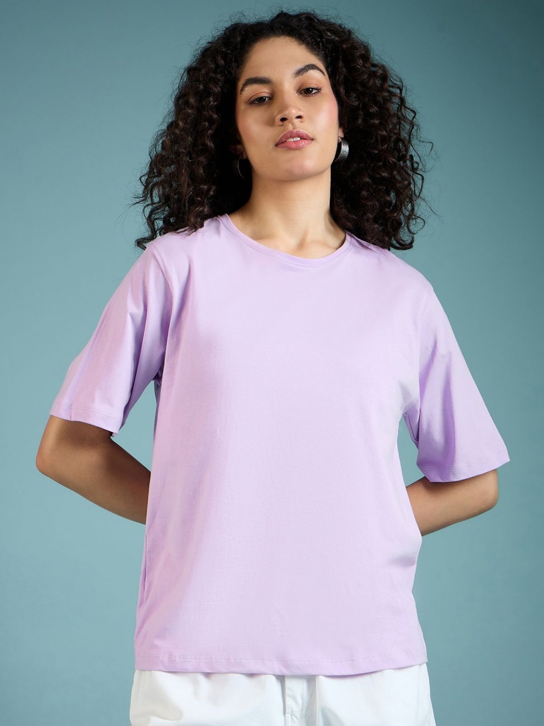 

DressBerry Women Solid Round Neck Cotton Oversized T-Shirt, Lavender