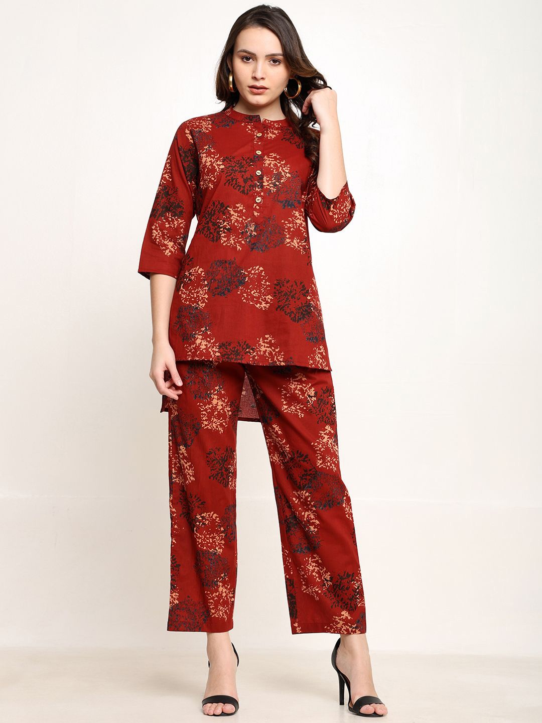 

CORDSET Printed Mandarin Collar Pure Cotton Tunic & Trousers, Maroon