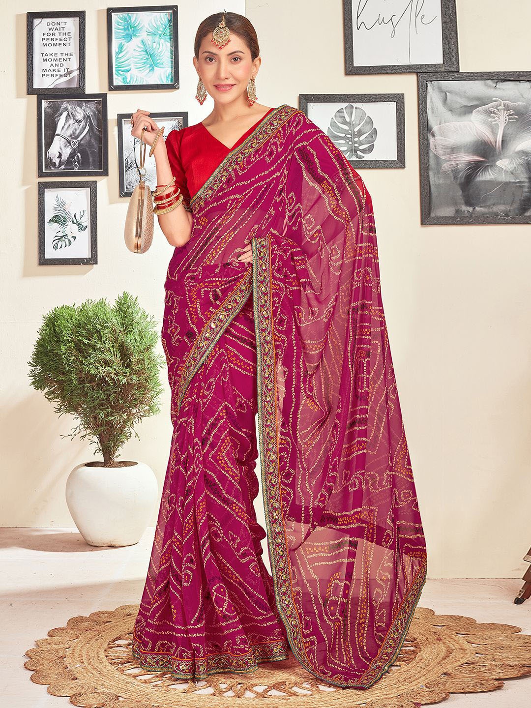 

all about you Sequinned Pure Georgette Bandhani Saree, Pink