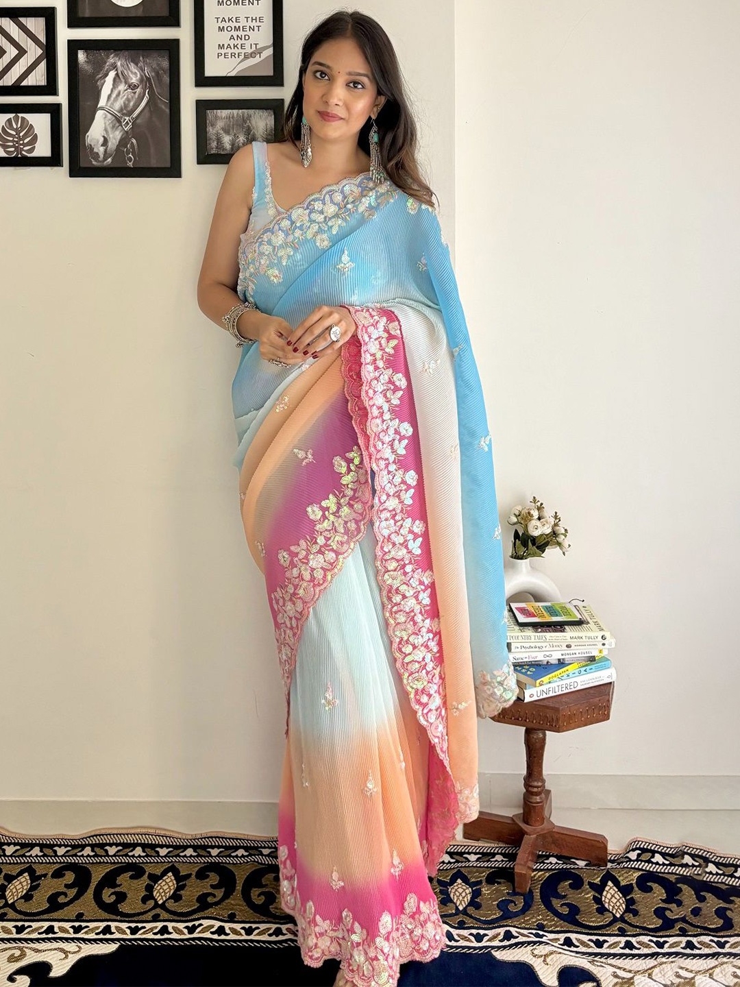 

SGF11 Embellished Embroidered Pure Georgette Saree, Blue