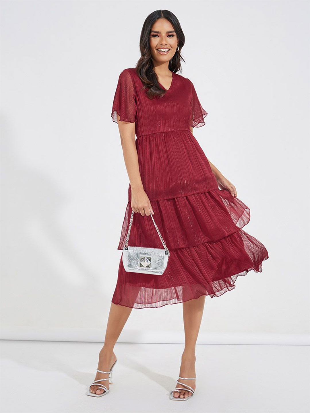 

Styli Women Tiered Midi Length A-Line Dress, Maroon