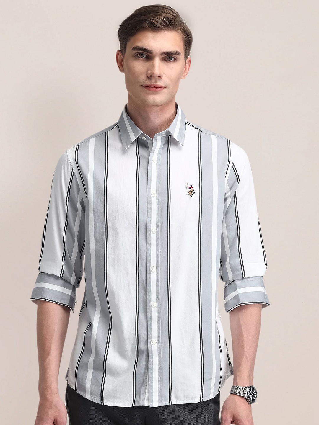 

U.S. Polo Assn. Men Classic Spread Collar Striped Cotton Formal Shirt, Grey