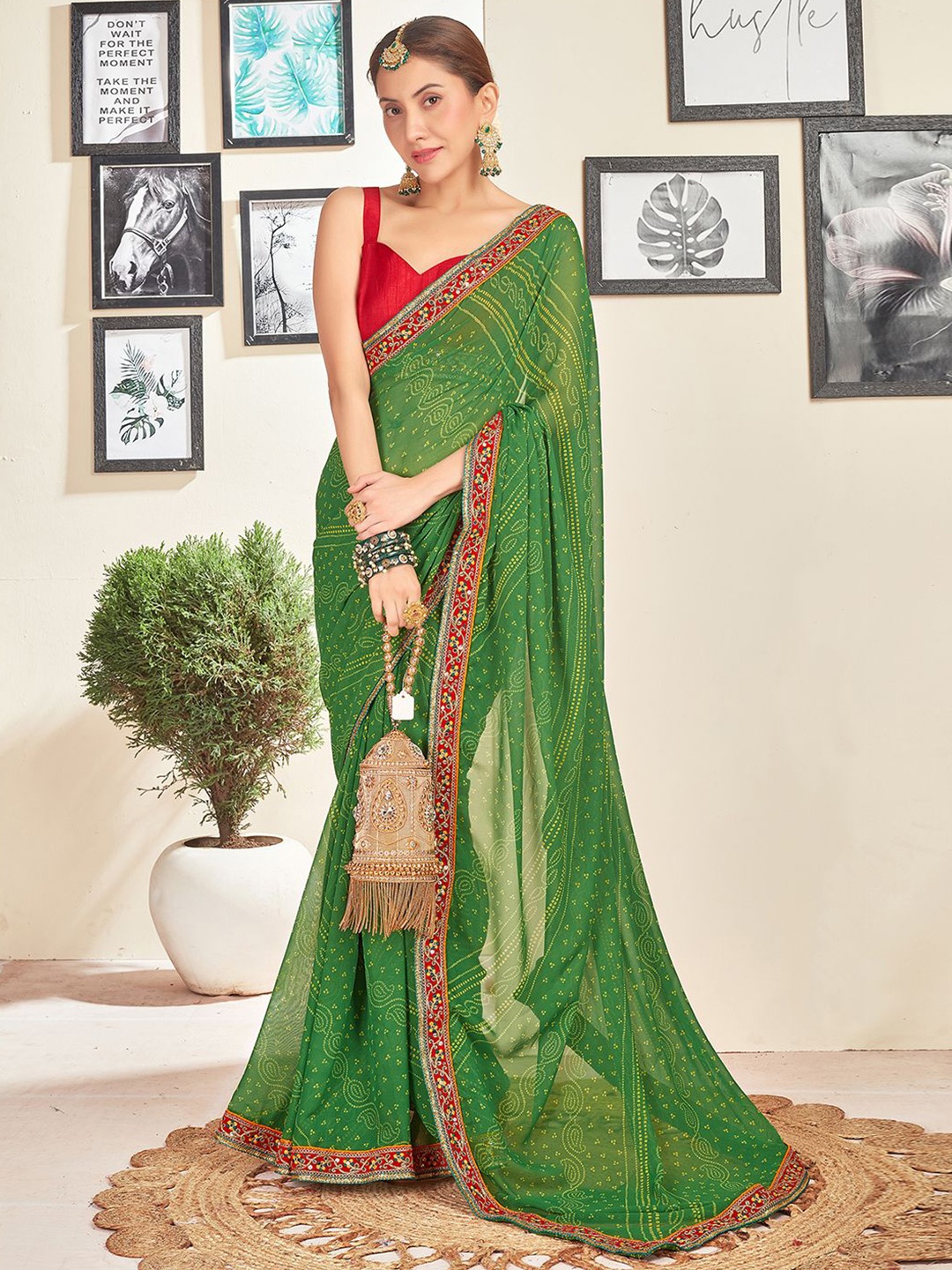 

all about you Bandhani Sequinned Pure Georgette Bandhani Saree, Green