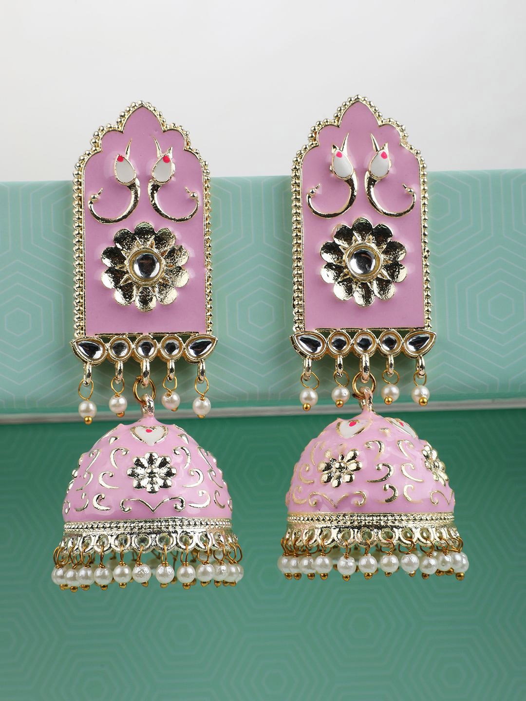 

MODE MANIA Gold-Plated Kundan Studded & Beaded Dome Shaped Jhumkas