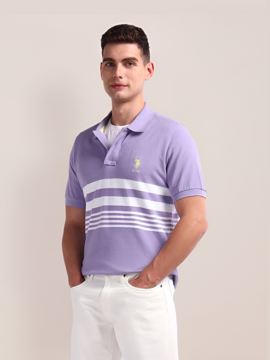 

U.S. Polo Assn. Men Striped Polo Collar Cotton Slim Fit T-Shirt, Purple