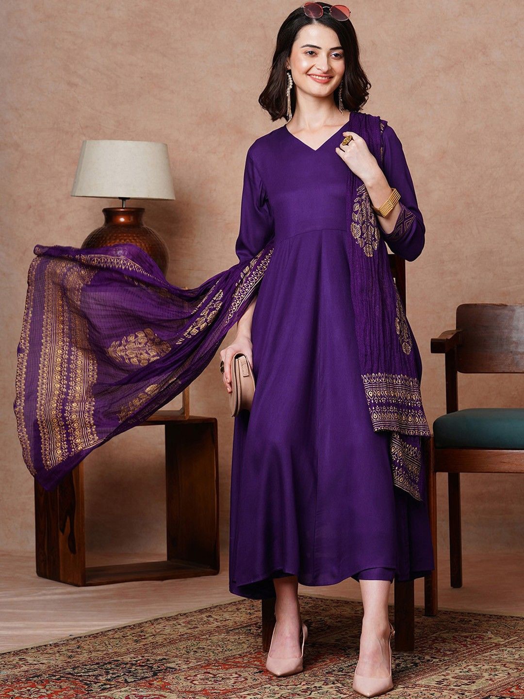 

GoSriKi V-Neck Anarkali Kurta with Trousers & Dupatta, Purple