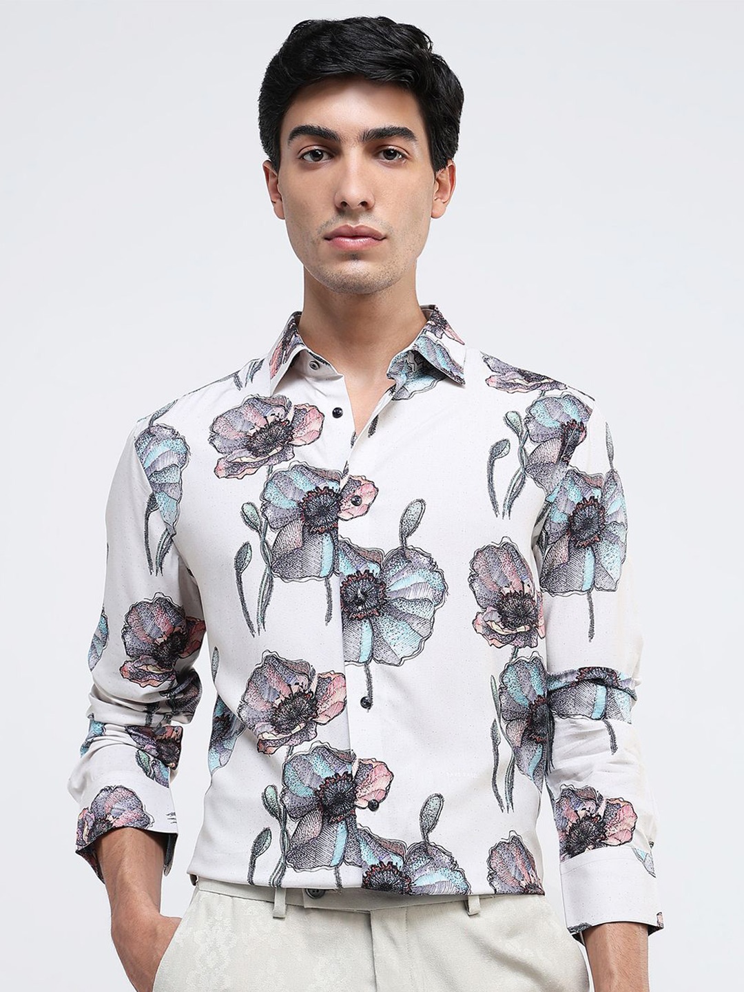 

RARE RABBIT Men Comfort Spread Collar Floral Printed Cotton Casual Shirt, White