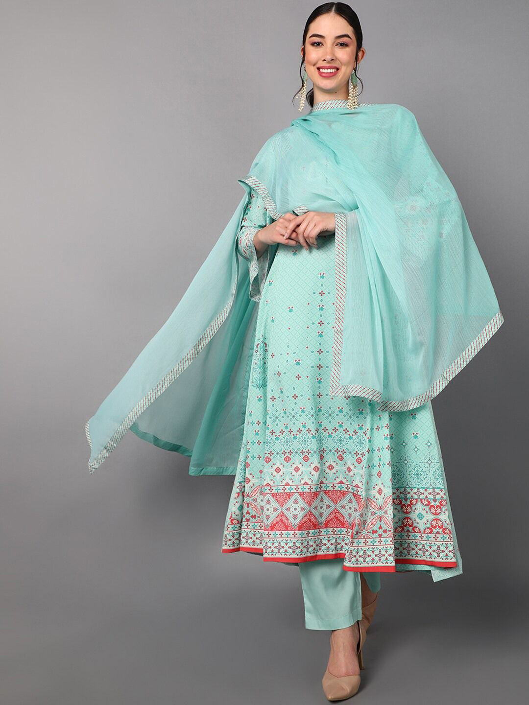 

KALINI Ethnic Motifs Printed Empire Anarkali Kurta with Trousers & Dupatta, Sea green