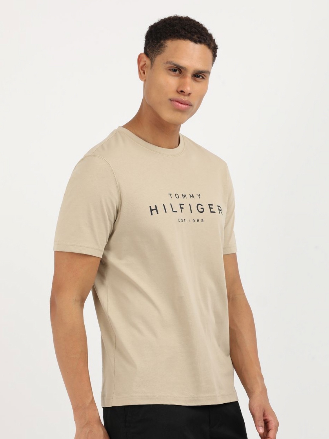

Tommy Hilfiger Men Typography Printed Round Neck Cotton T-Shirt, Beige