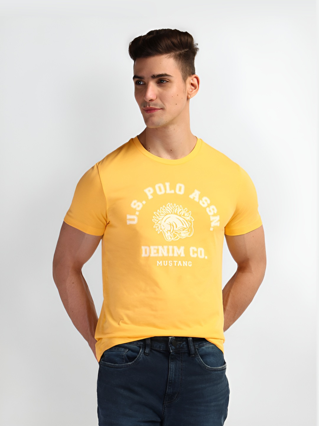 

U.S. Polo Assn. Denim Co. Men Typography Printed Round Neck Cotton Slim Fit T-Shirt, Yellow