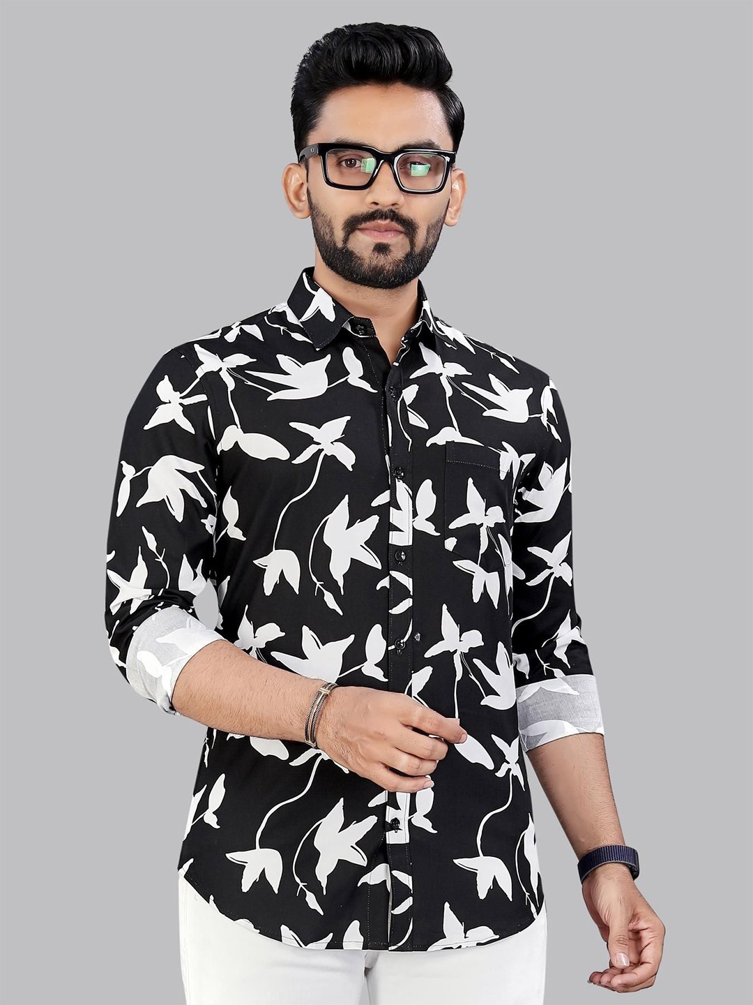 

ADWYN PETER Men Classic Spread Collar Abstract Printed Cotton Casual Shirt, White