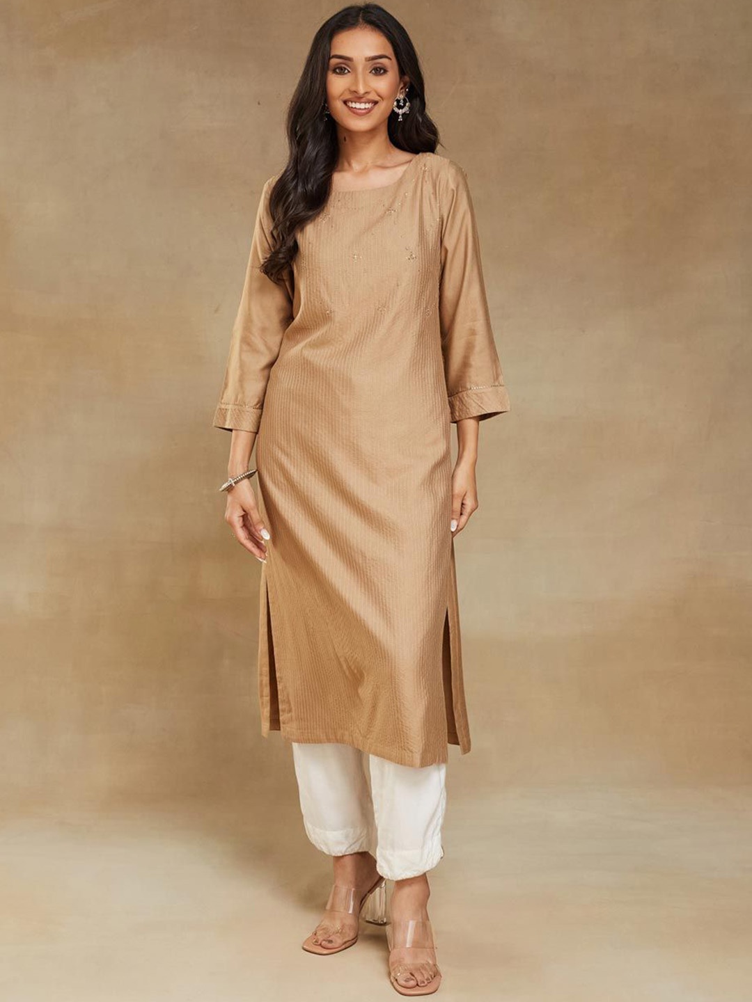 

Fabindia Round Neck Embellished Straight Kurta, Beige