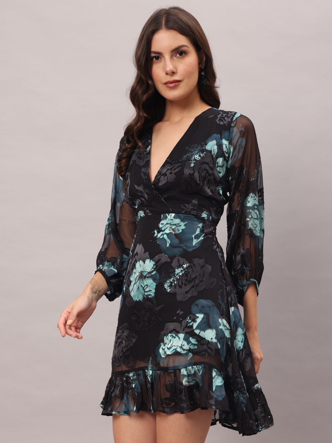 

BRIJAL LAD Puff Sleeve Fit & Flare Floral Mini Dress, Black