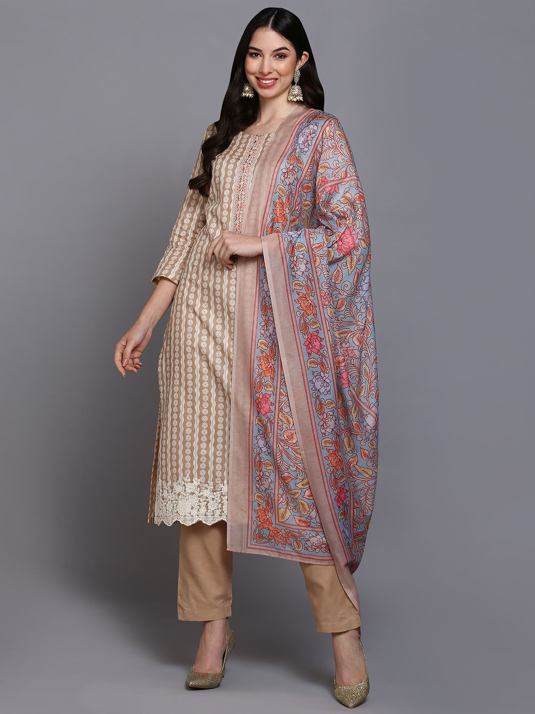 

KALINI Geometric Printed Thread Work Pure Cotton Straight Kurta With Trousers & Dupatta, Beige