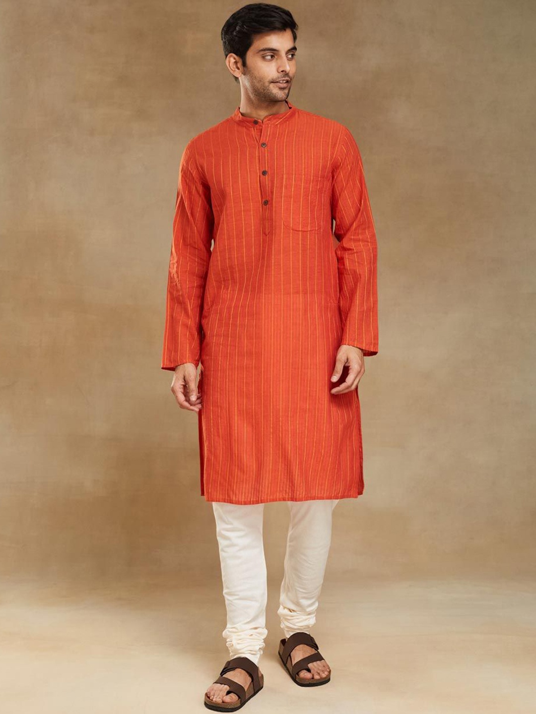 

Fabindia Striped Mandarin Collar Straight Kurta, Orange