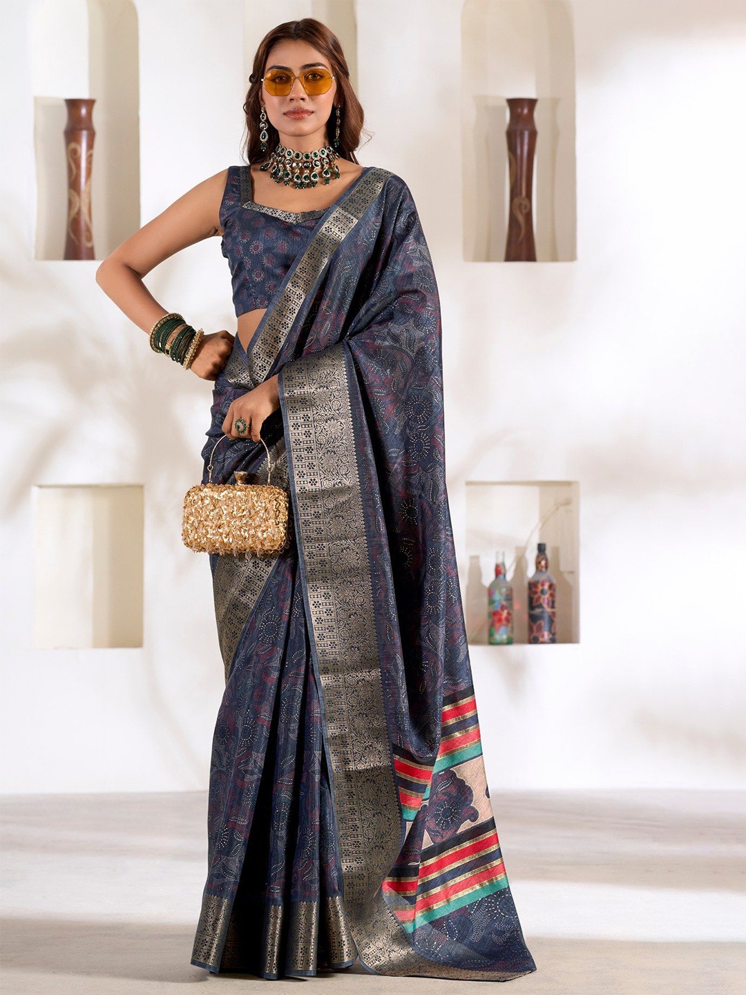 

MySilkLove Ethnic Motifs printed woven design border Zari Saree, Blue
