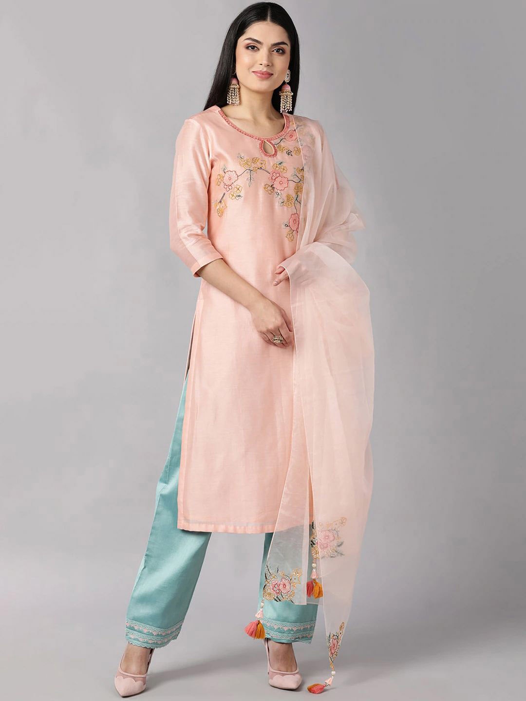 

KALINI Floral Embroidered Kurta with Trousers & Dupatta, Peach