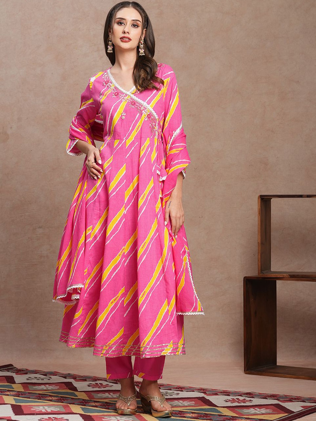 

FASHOR Leheriya Printed Anarkali Gotta Patti Pure Cotton Kurta with Trousers & Dupatta, Pink